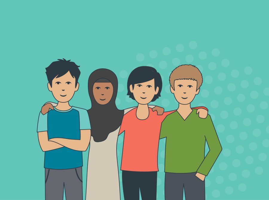 Drawn image of a multicultural group of four people using in the SECCA App
